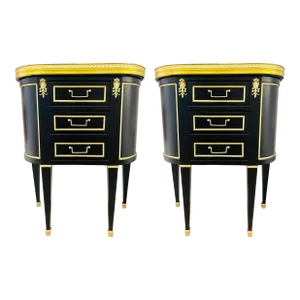 Pair of Jansen Inspired Marble-Top Galleried Ebonized End Tables / Nightstands