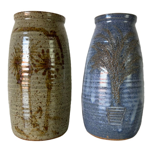 Pair of Vintage Handcrafted Botanical Motifs Studio Art Pottery Vases by Buk For Sale