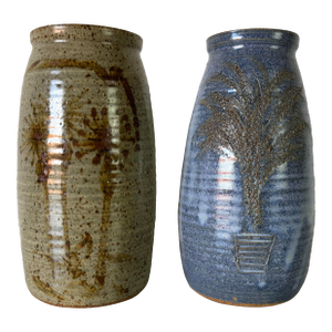 Pair of Vintage Handcrafted Botanical Motifs Studio Art Pottery Vases by Buk