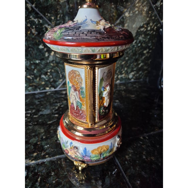 Italian Vintage Italian Capodimonte Porcelain Musical Carousel Cigarette & Lipstick Dispenser (Jg) For Sale - Image 3 of 9