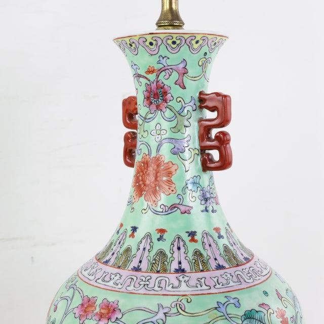 Vintage Chinese Famille Rose Lime Green Porcelain Vase Lamp With Lotus and Peony Scrollwork For Sale - Image 15 of 16
