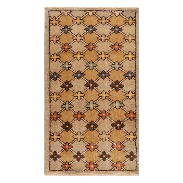 Textile 1960s Vintage Distressed Deco Rug in Beige-Brown, Gold, Blue Geometric Pattern For Sale - Image 7 of 7