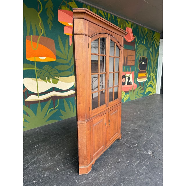 American Antique Early American Cherry Wood Glass Door Corner Cabinet For Sale - Image 3 of 9