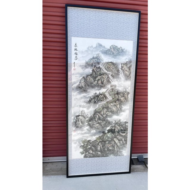 Black Mid 20th Century Chinese Calligraphy Ink Drawing Scroll Painting of the Great Wall, Framed For Sale - Image 8 of 11
