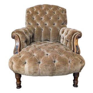Vintage Victorian Tufted Velvet Lounge Chair With Carved Wooden Accents For Sale