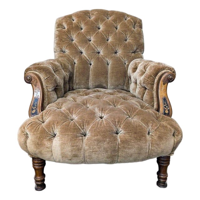 Vintage Victorian Tufted Velvet Lounge Chair With Carved Wooden Accents For Sale