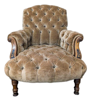 Vintage Victorian Tufted Velvet Lounge Chair With Carved Wooden Accents