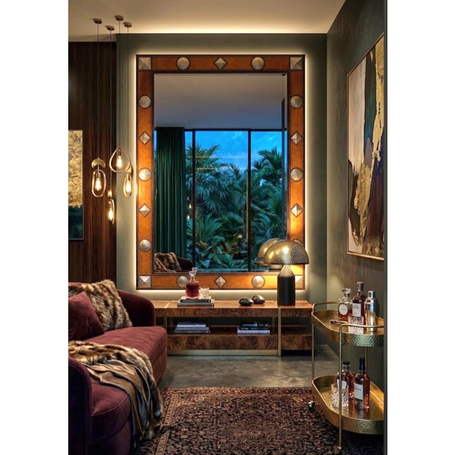 Tribal ​vintage Grand Scale Studded Leather and Mother-of-Pearl Inset Wall Mirror For Sale - Image 3 of 12