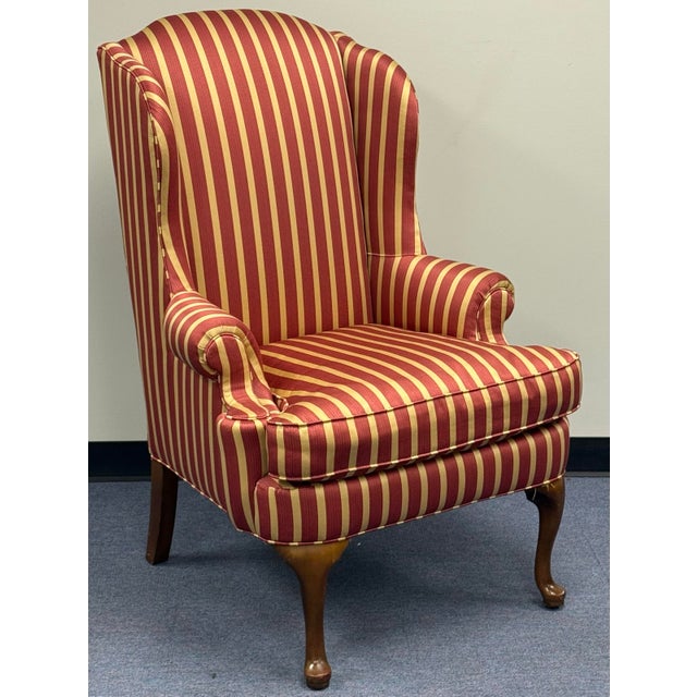 Late 20th Century Striped Upholstered Wingback Chairs- A Pair For Sale - Image 9 of 12
