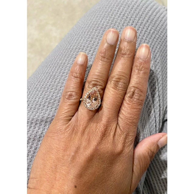 5.58 Carat Pear Cut Morganite Halo Diamond Rose Gold Engagement Ring, Size 7 For Sale In Los Angeles - Image 6 of 7