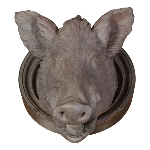 English 1880s Terracotta Hog Head Mounted on New Custom Circular Iron Frame For Sale
