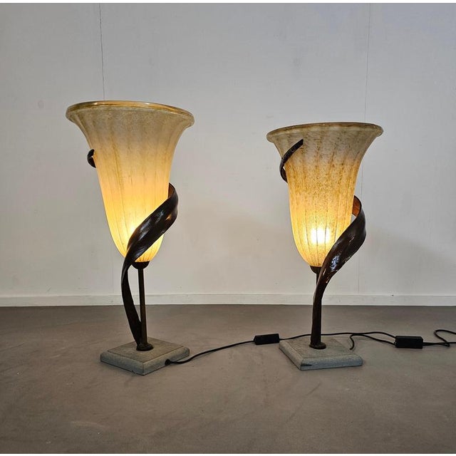 Large Jugendstil Floor Lamps with Stone Base and Italian Glass Shade from Roberto Galli, Set of 2 For Sale - Image 12 of 18