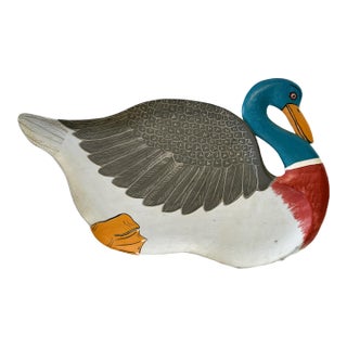 Late 20th Century Indonesian Folk Art Multicolor Hand-Painted Wood Duck Tray For Sale