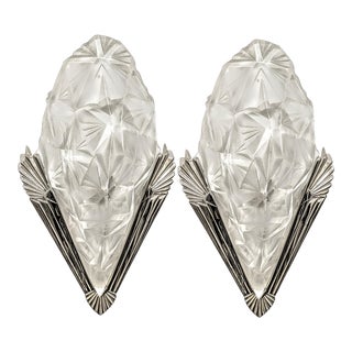 French Art Deco Geometric Wall Sconces Signed by Degue - a Pair For Sale