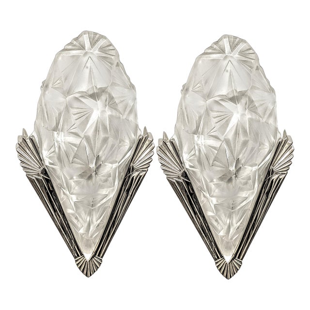 French Art Deco Geometric Wall Sconces Signed by Degue - a Pair For Sale