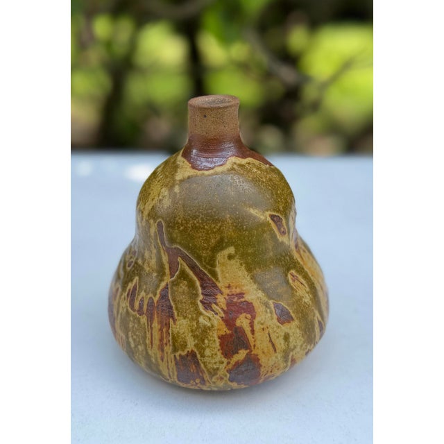 Ceramic Vintage 5” Organic Studio Pottery Bottle Vase in Olive Drip Glaze For Sale - Image 7 of 11