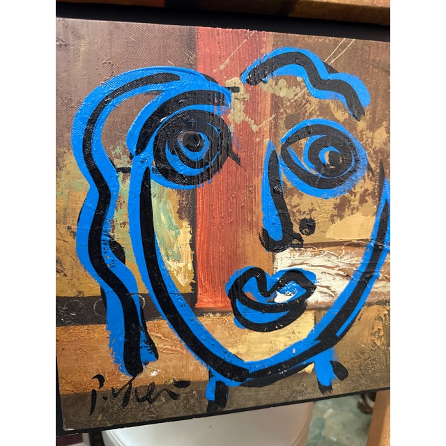 1970s 1970s Peter Keil Large Blue 9 Faces Abstract Painting For Sale - Image 5 of 8