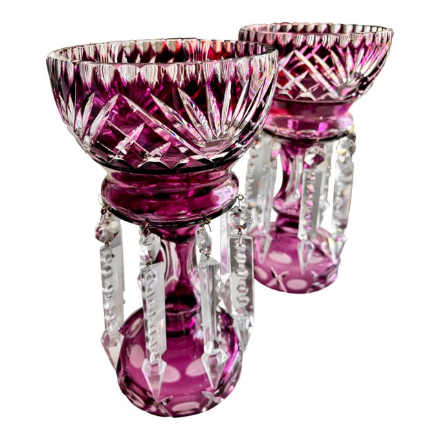 Circa 1950 Bohemian Amethyst Purple Crystal Candelabras - Vintage- Hand Blown & Cut With Dangling Crystal Accents- a Pair For Sale