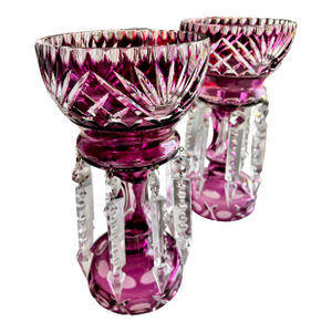 Circa 1950 Bohemian Amethyst Purple Crystal Candelabras - Vintage- Hand Blown & Cut With Dangling Crystal Accents- a Pair