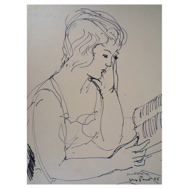 Max Papart, Woman Reading a Book, 1956, Ink Drawing For Sale