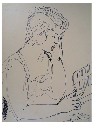 Max Papart, Woman Reading a Book, 1956, Ink Drawing