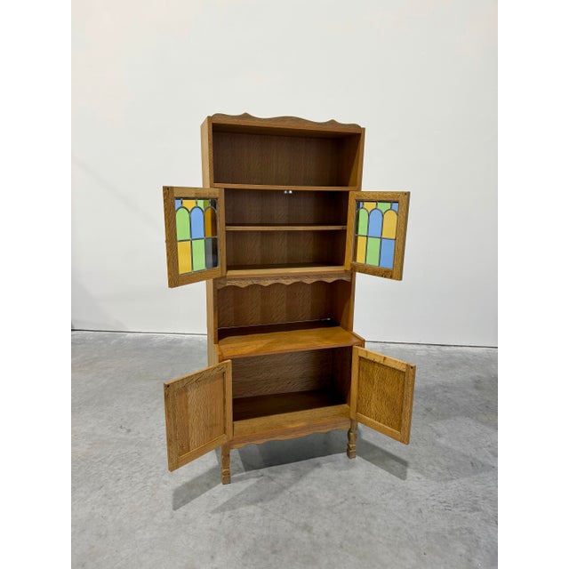 Mid-Century Modern Mid Century Danish Oak Henning Kjaernulf Style Stained Glass Bookcase Cabinet For Sale - Image 3 of 5