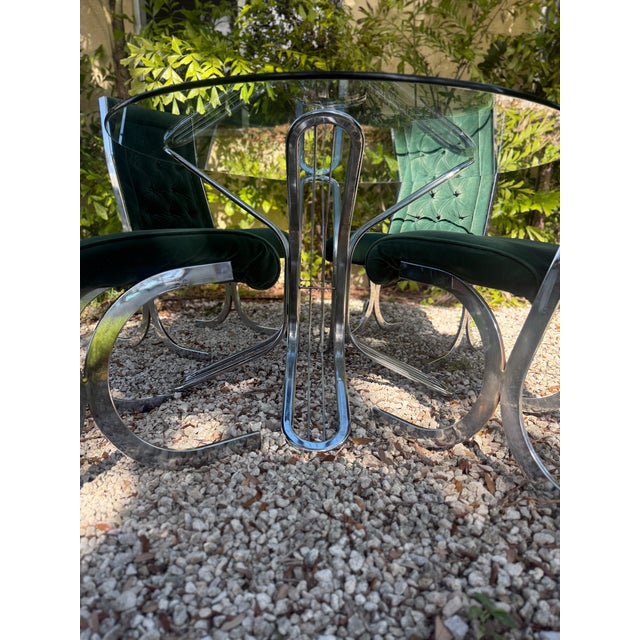 Mid-Century Modern Vintage 1970s Glass & Chrome Dining Set With Hunter Green Cantilever Chairs For Sale - Image 3 of 16