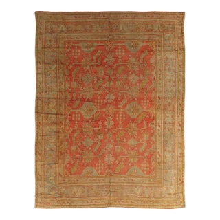 Antique Oushak Carpet, Oriental Rug, Handmade Rug Saffron, Light Blue and Coral For Sale