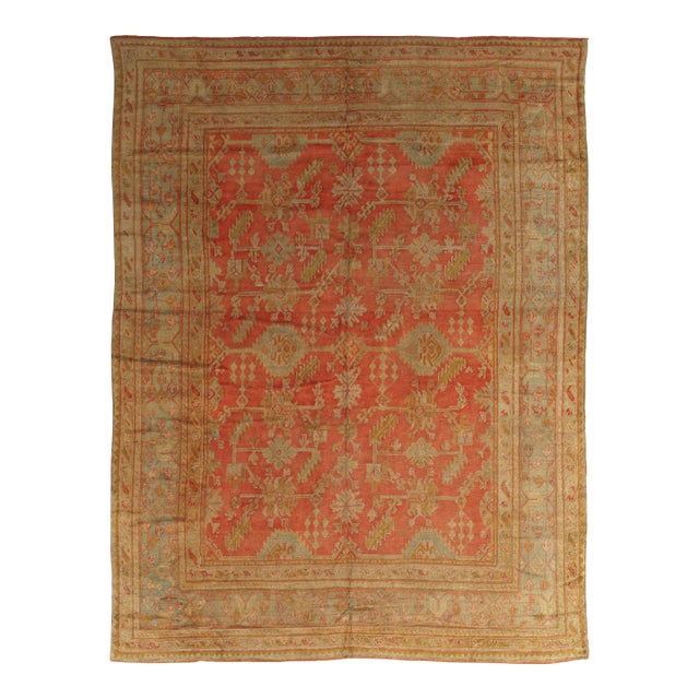 Antique Oushak Carpet, Oriental Rug, Handmade Rug Saffron, Light Blue and Coral For Sale