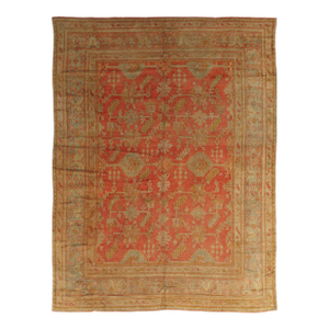Antique Oushak Carpet, Oriental Rug, Handmade Rug Saffron, Light Blue and Coral