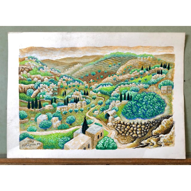 Plastic Baruch Nachshon, Judaica Acrylic Painting Israeli Art Baruch Nachshon Chevron Jerusalem Hills, 2017 For Sale - Image 7 of 7