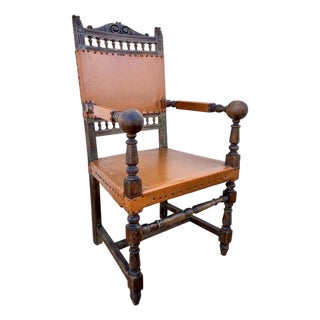 Spanish Renaissance Revival Leather Armchair, Early 20th Century For Sale