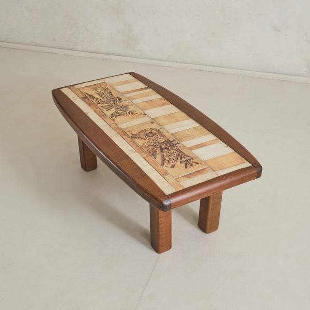Wood French Ash Wood + Ceramic Tile Coffee Table Bird Motif by Roger Capron, 1960s For Sale - Image 7 of 11