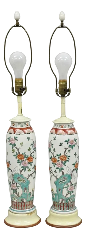 Vintage Chinoiserie Chinese Porcelain Jardinière Vase Flower Table Lamps - Pair