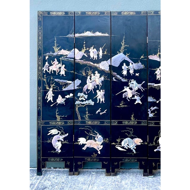 Wood Vintage Asian Carved Soapstone Figurative 6 Panel Screen For Sale - Image 7 of 12