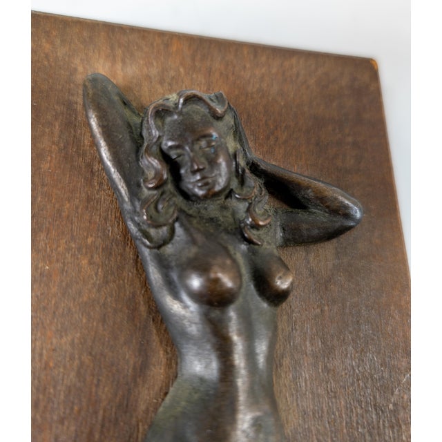 Bronze Art Deco Style Bronze of a Nude Female Figure on Walnut Panel For Sale - Image 8 of 8