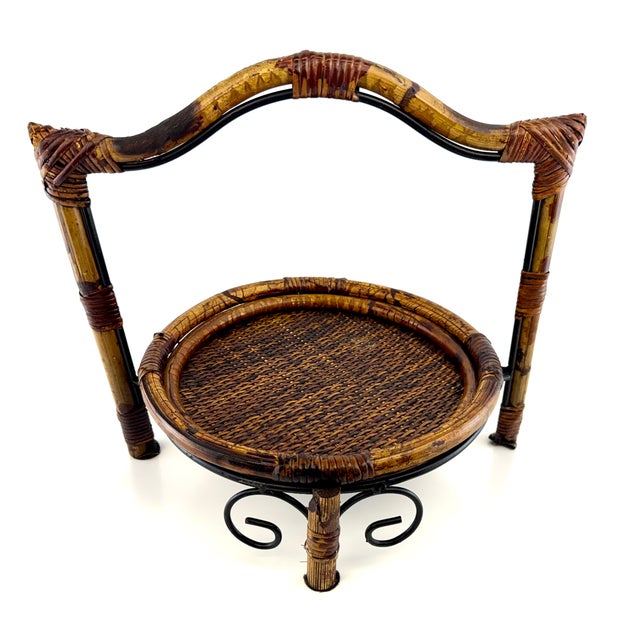 English Vintage Tortoiseshell Rattan & Wrought Iron Round Tray Stand For Sale - Image 3 of 12