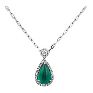 1920s 3.25 Carat Colombian Emerald Diamond 18k White Gold Pendant Necklace For Sale