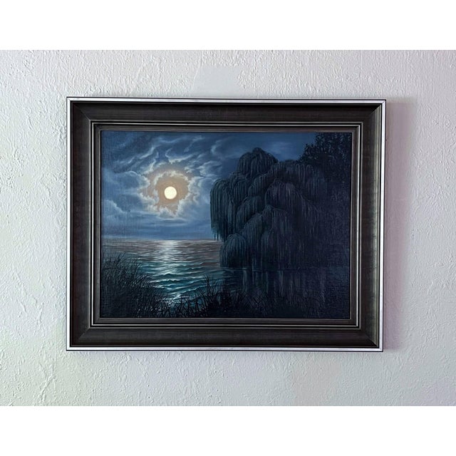 This artwork depicts a serene nocturnal landscape illuminated by a luminous full moon, casting a silvery glow on the...