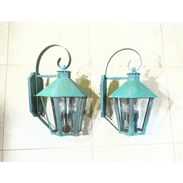 Vintage Solid Copper & Brass Outdoor Lantern Sconces / 18”h X 11”w X 12”d For Sale - Image 4 of 18