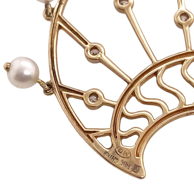 1990s 14k Gold Diamond & Dangling Pearl Pierced Earrings, A Pair For Sale - Image 4 of 5