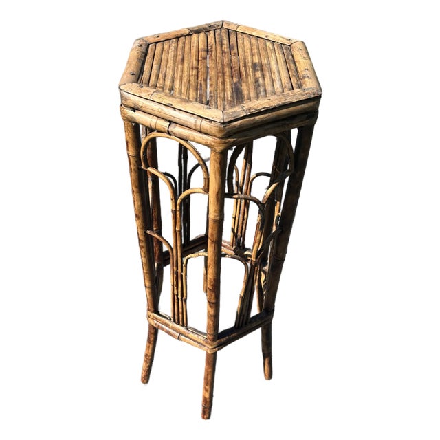 Vintage Bamboo and Rattan 6 Sided End Table or Stand For Sale