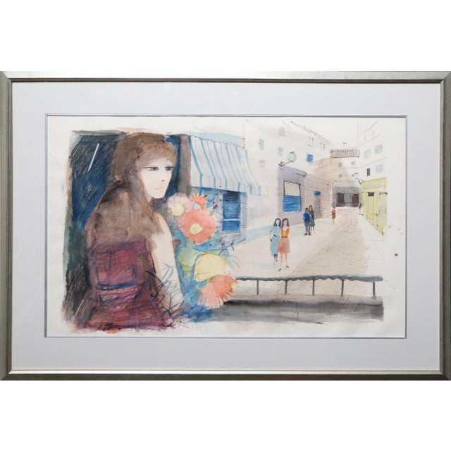 Charles Levier Girl with Flowers, Watercolor Painting by Charles Levier circa 1965 For Sale