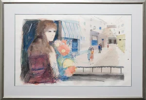 Charles Levier Girl with Flowers, Watercolor Painting by Charles Levier circa 1965