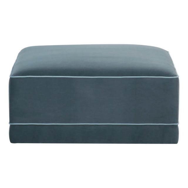 Willow Misty Blue with Pale Blue Piping Performance Velvet Ottoman For Sale - Image 4 of 4