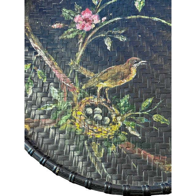 Large Hand Painted Rattan Tray-Bird-Floral-27''-Boho-Chinoiserie-Wall-Bamboo For Sale - Image 6 of 11
