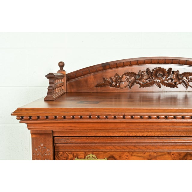 Herter Brothers Style Antique Eastlake Victorian Carved Walnut and Burl Wood Highboy Dresser, Circa 1880s For Sale - Image 9 of 17