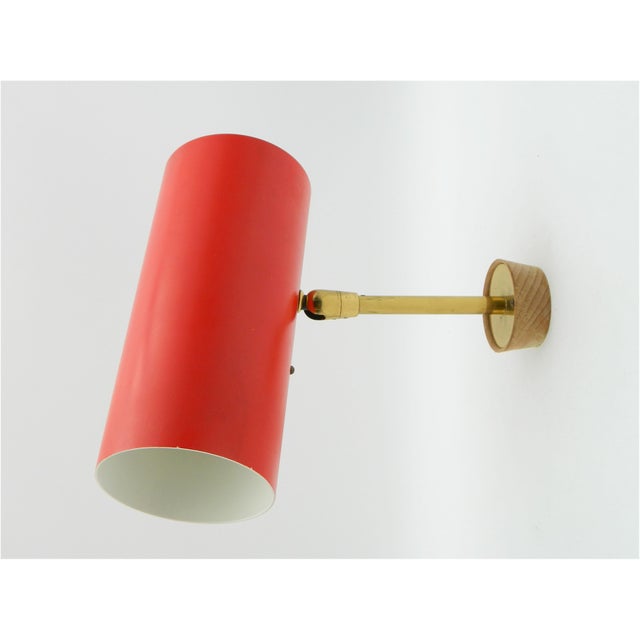 Original wall lamp, model 4390 wa cylinder, by j.t. Kalmar vienna. It consists of a red lacquered aluminum shade mounted...