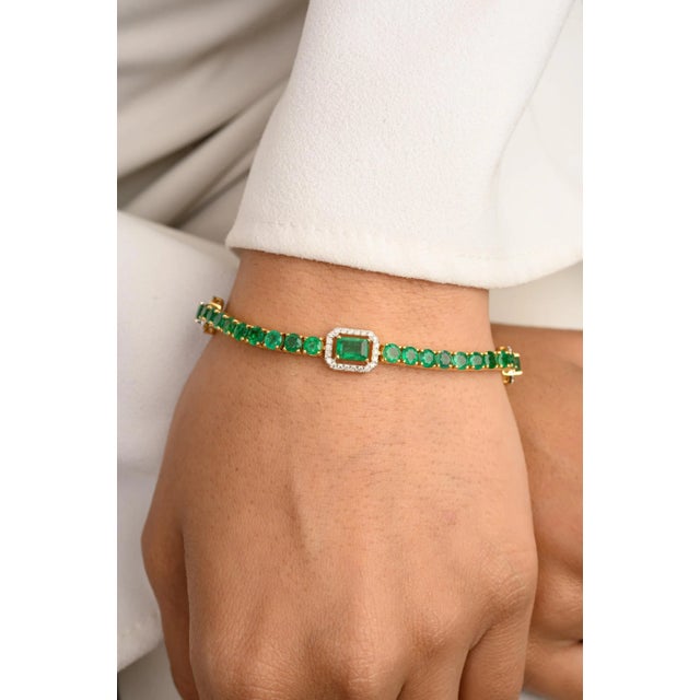 Not Yet Made - Made To Order 7.74 Ct Emerald Diamond Tennis Bracelet in 14k Solid Yellow Gold VRJewels For Sale - Image 5 of 8