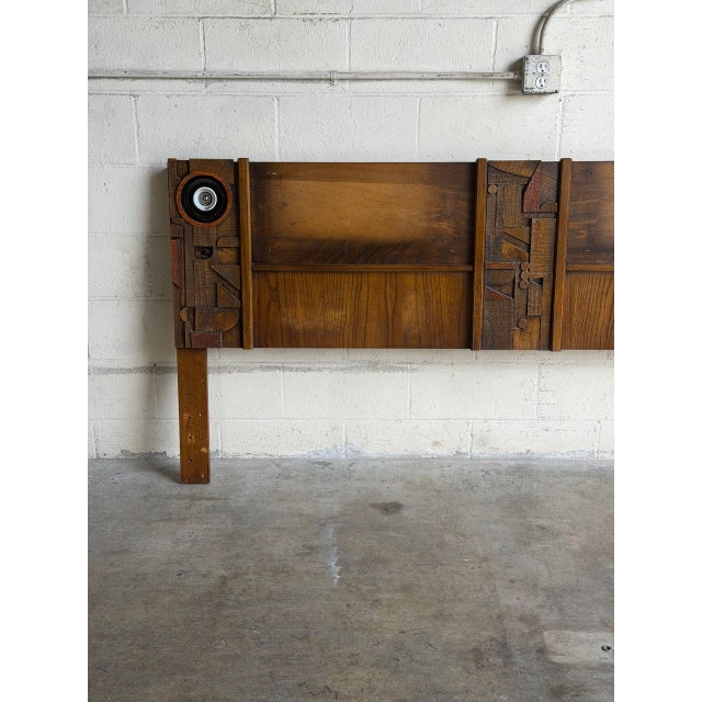 Brown Attributed Lane Brutalist King Headboard Wood Bed Frame With Integrated Lights 1960s For Sale - Image 8 of 10